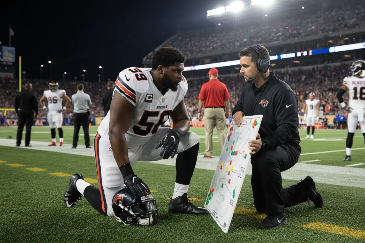 American Football Wetten Strategie – Spieler studiert Taktikbrett am Spielfeldrand