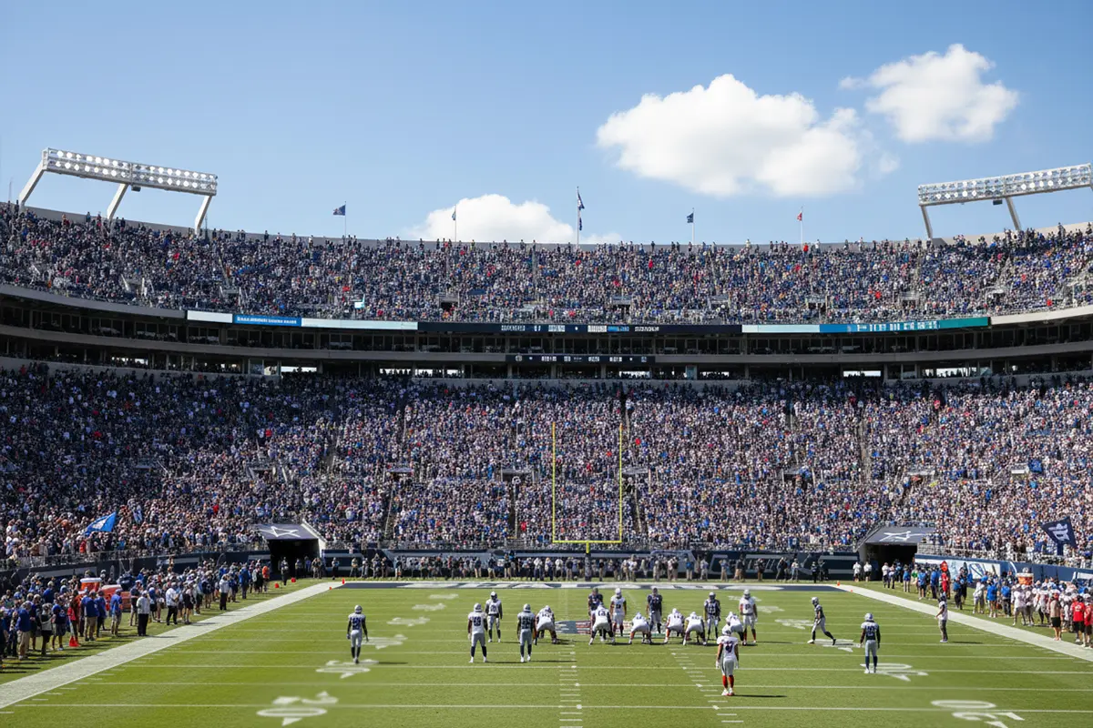NFL Heimvorteil – Volles Football-Stadion mit jubelnden Fans bei Tageslicht