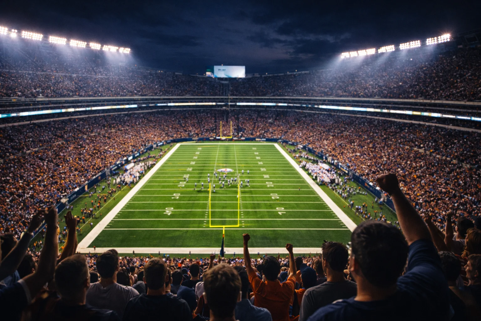 Zuschauer verfolgen ein NFL-Spiel im Stadion bei Flutlicht — Symbolbild für Livewetten und Echtzeit-Quoten