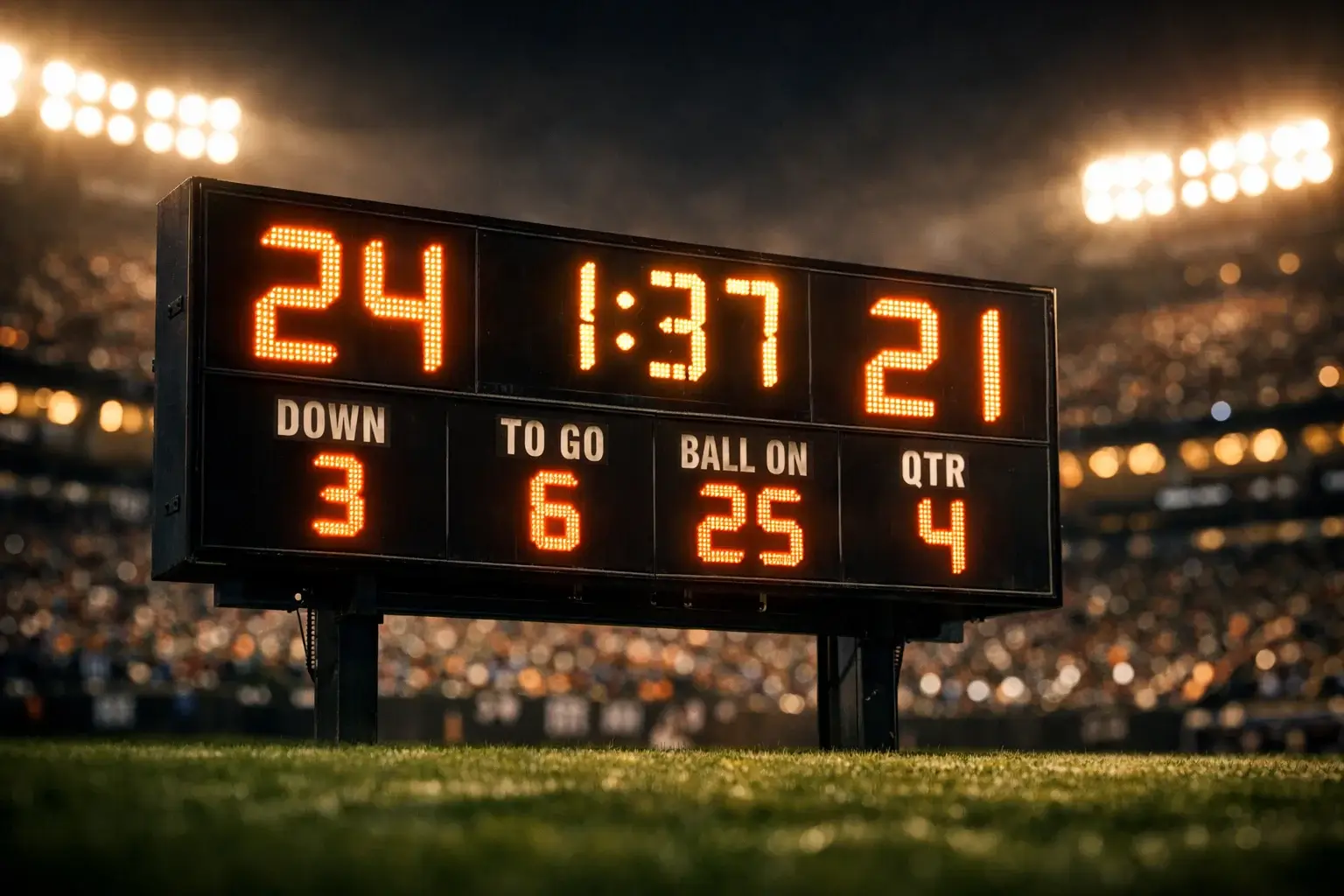 NFL Point Spread erklärt – Anzeigetafel im Stadion mit knappem Spielstand
