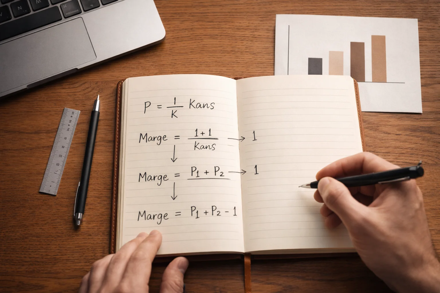 Person berechnet NFL-Wettquoten mit Stift und Notizblock — Gewinnberechnung, Margin und implizierte Wahrscheinlichkeit