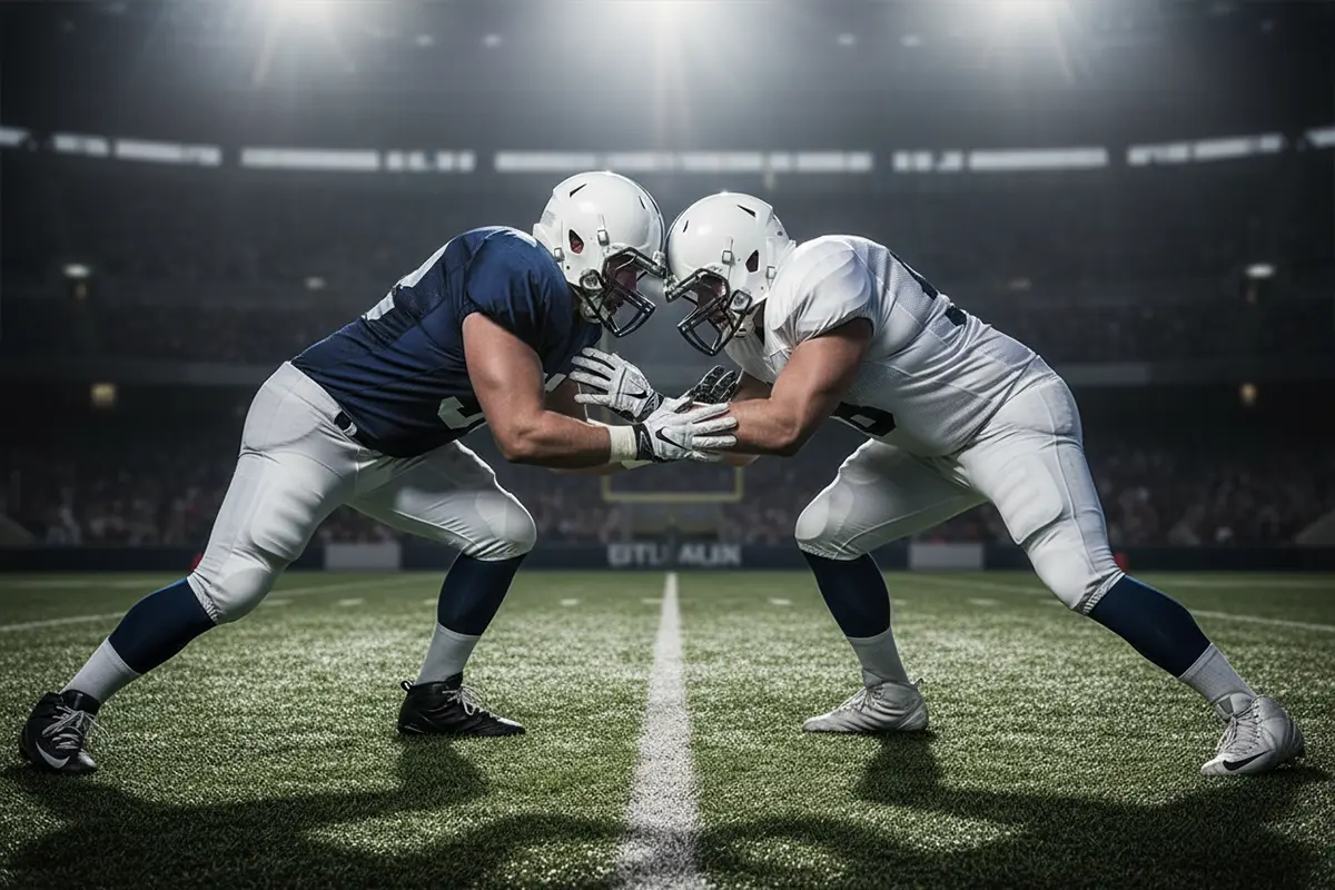 NFL Spread Wetten – Nahaufnahme eines Football-Spielzugs an der Line of Scrimmage