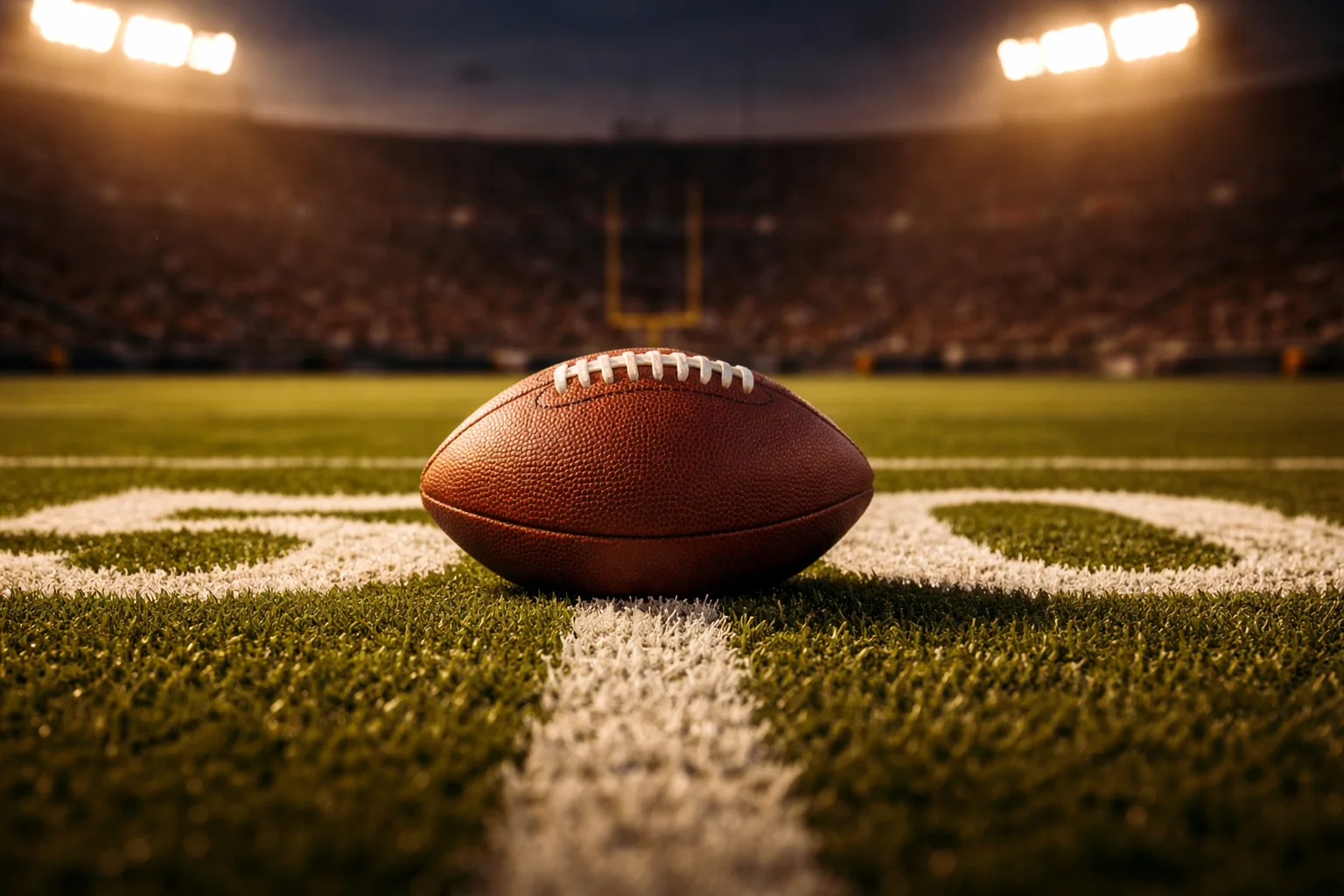 Football auf dem NFL-Spielfeld mit Yard-Linien bei Flutlicht