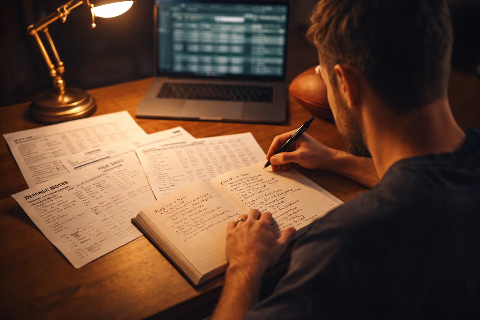 Sportanalyst studiert NFL-Statistiken am Schreibtisch mit Notizen
