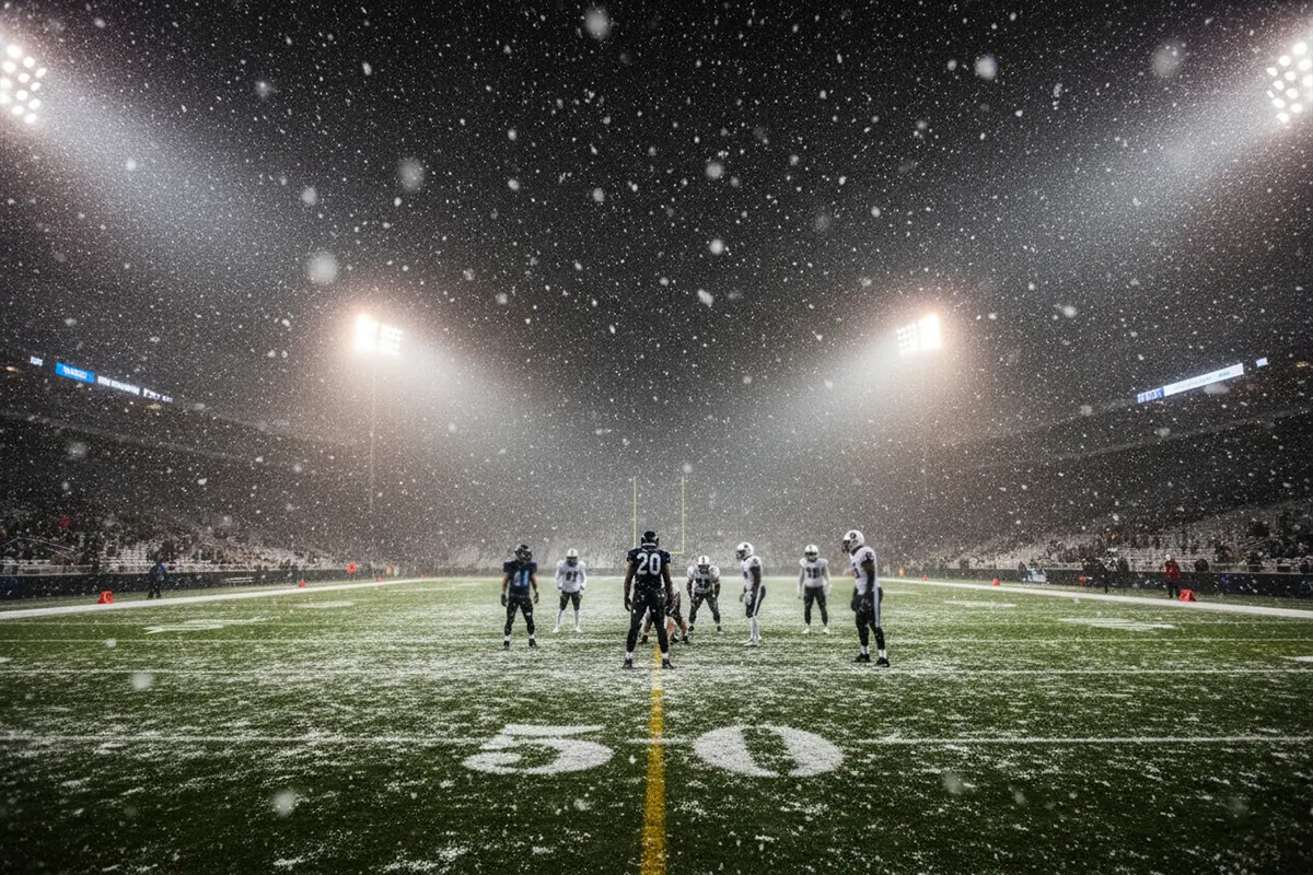 Wetter und NFL Wetten – Football-Feld bei Schneefall und Flutlicht