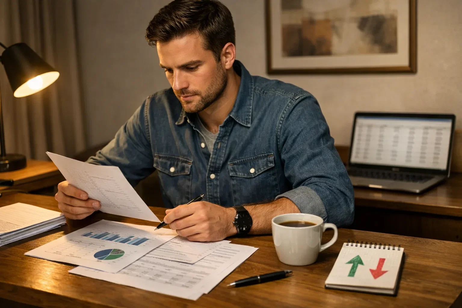 NFL-Analyst wertet American-Football-Statistiken an einem Schreibtisch aus — Quotenbildung und Marktanalyse