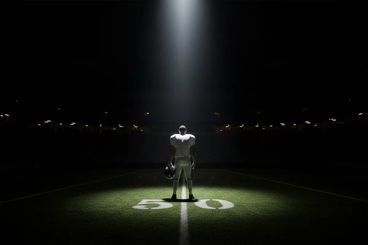 Super Bowl MVP – Football-Spieler allein im Rampenlicht auf dem Feld