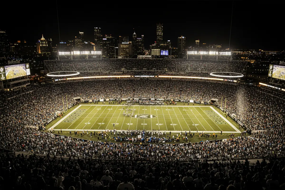 Super Bowl Wetten – Blick auf das beleuchtete Football-Stadion am Spielabend